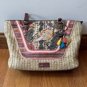 Sakroots Wild At Heart Owl Embroidered Straw Shoulder Bag With Bag Charm Summer